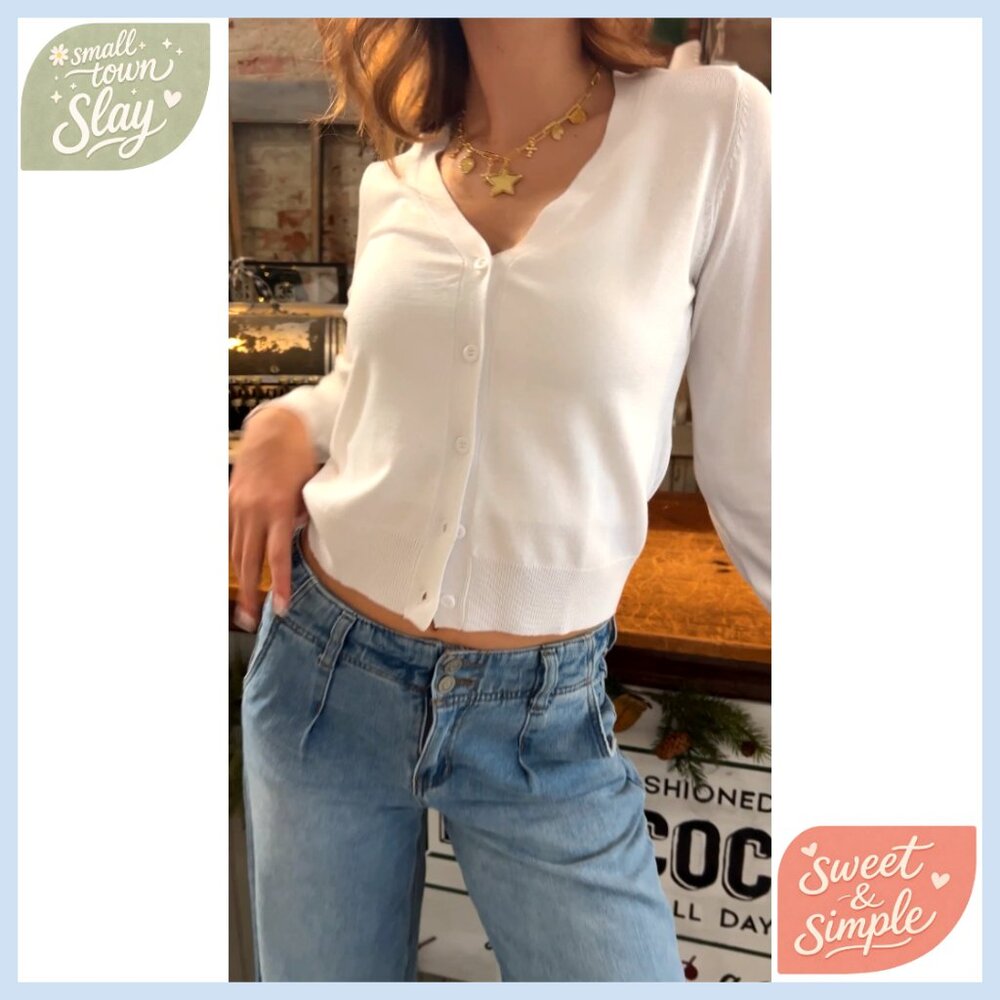 Cropped Long Sleeve Cardigan Open Front Button Down V Neck Sweater - Picture 6 of 7